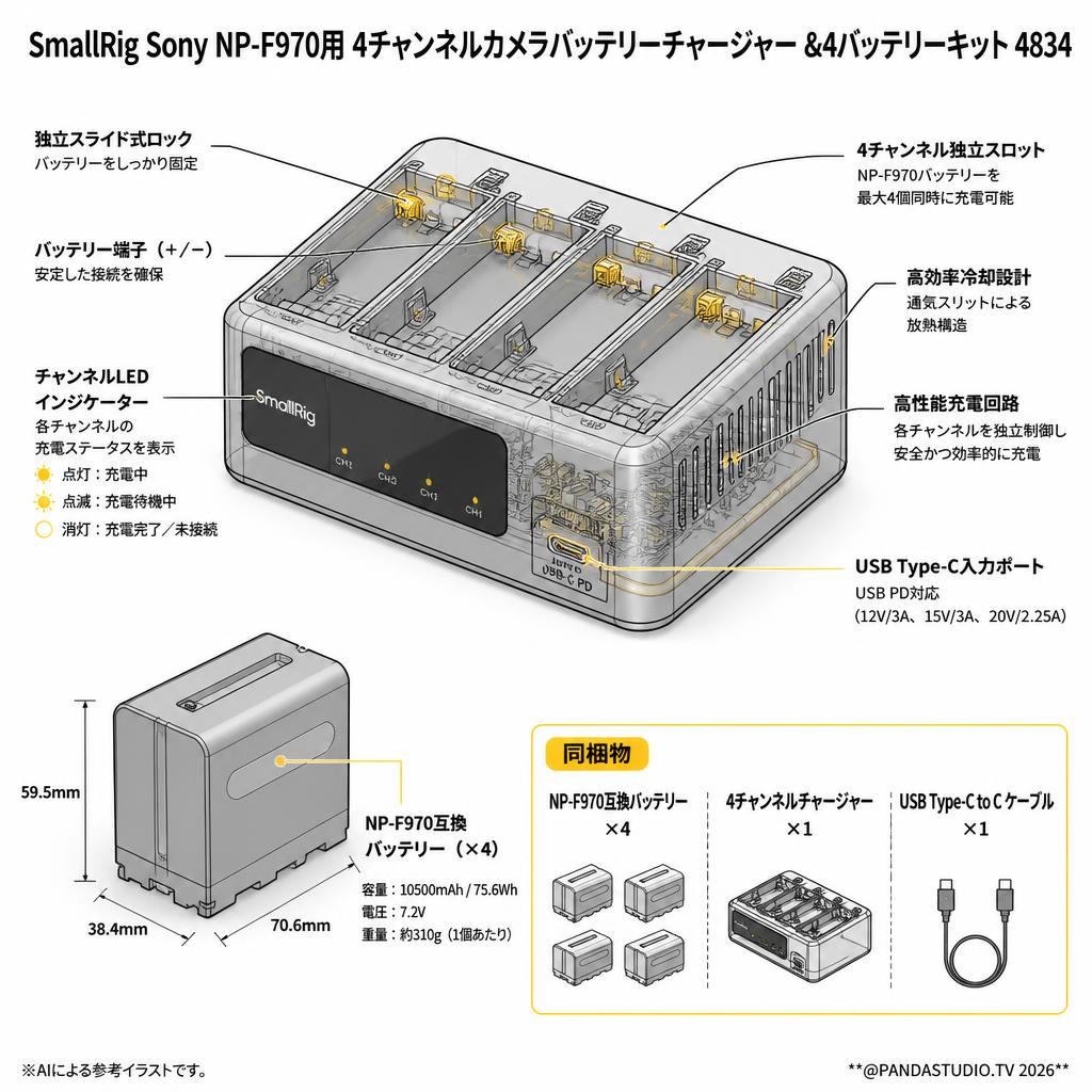 SmallRig Sony NP-F970用4チャンネルカメラバッテリーチャージャー＆4バッテリーキット 4834 スペック
