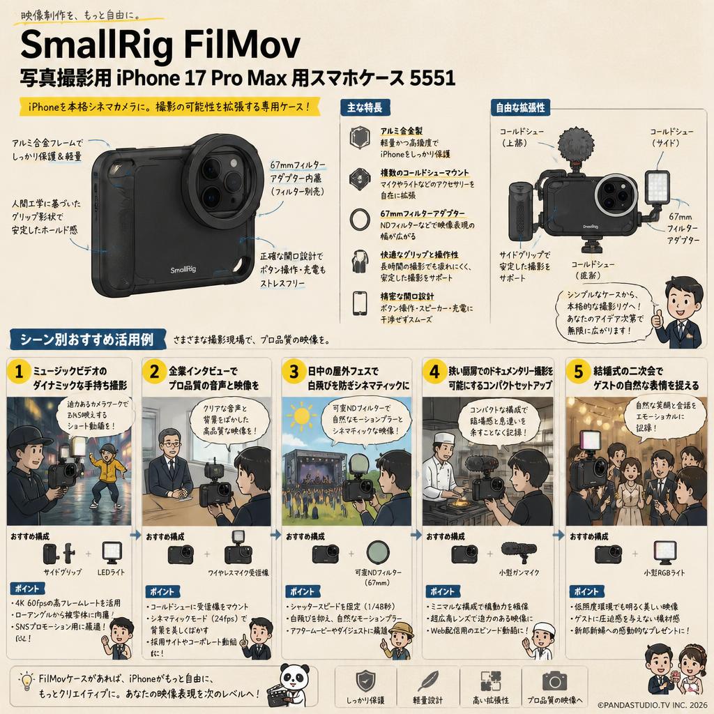 SmallRig FilMov 写真撮影用 iPhone 17 Pro Max 用スマホケース 5551 用途