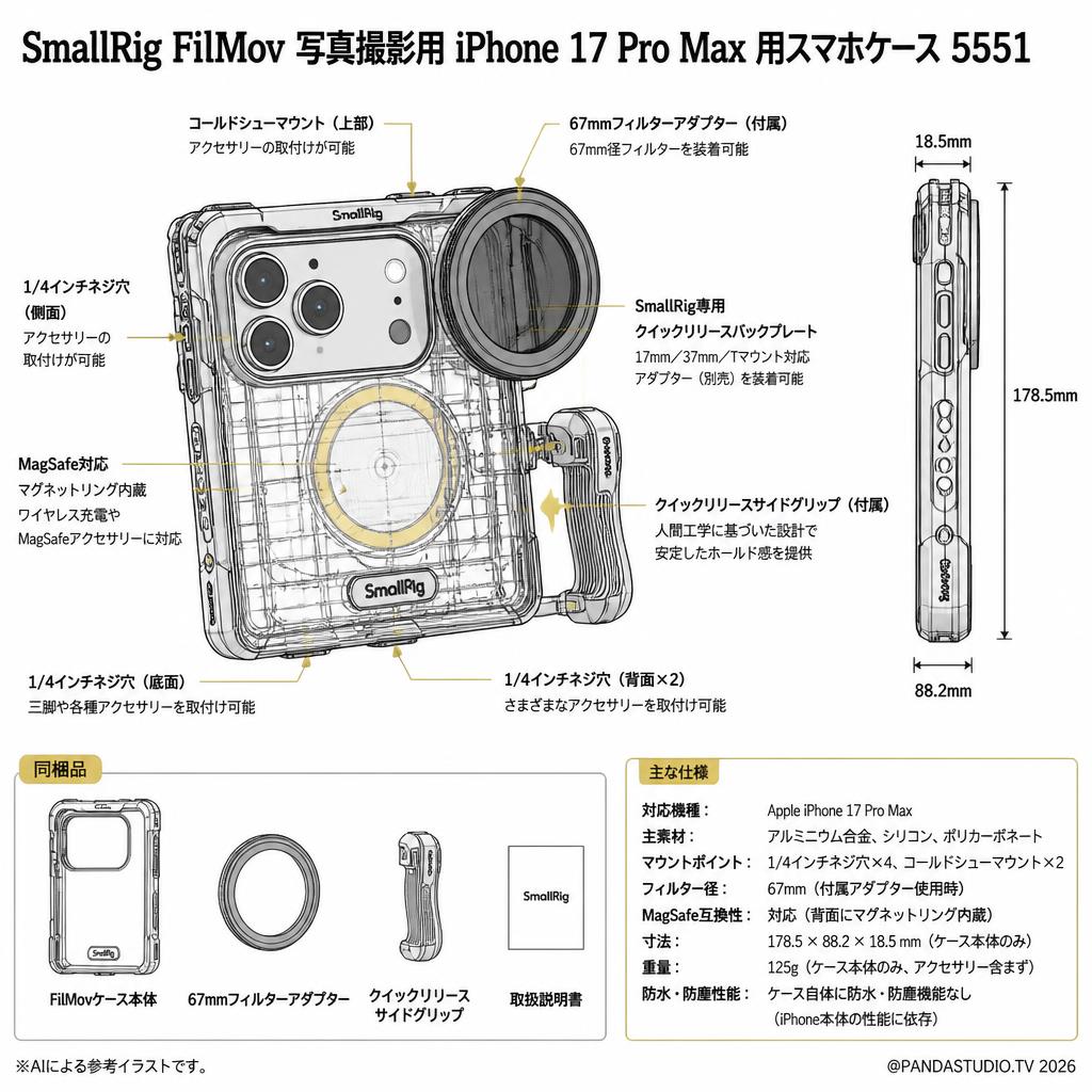 SmallRig FilMov 写真撮影用 iPhone 17 Pro Max 用スマホケース 5551 スペック