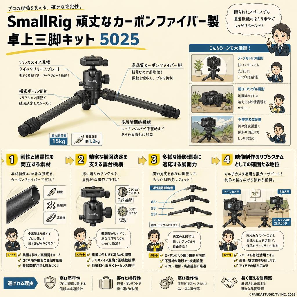 SmallRig 頑丈なカーボンファイバー製卓上三脚キット 5025 概要
