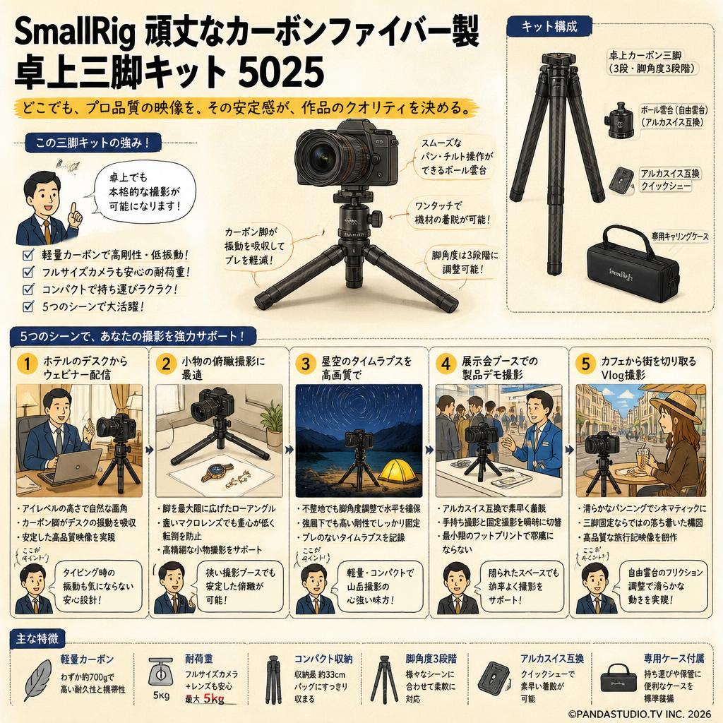 SmallRig 頑丈なカーボンファイバー製卓上三脚キット 5025 用途