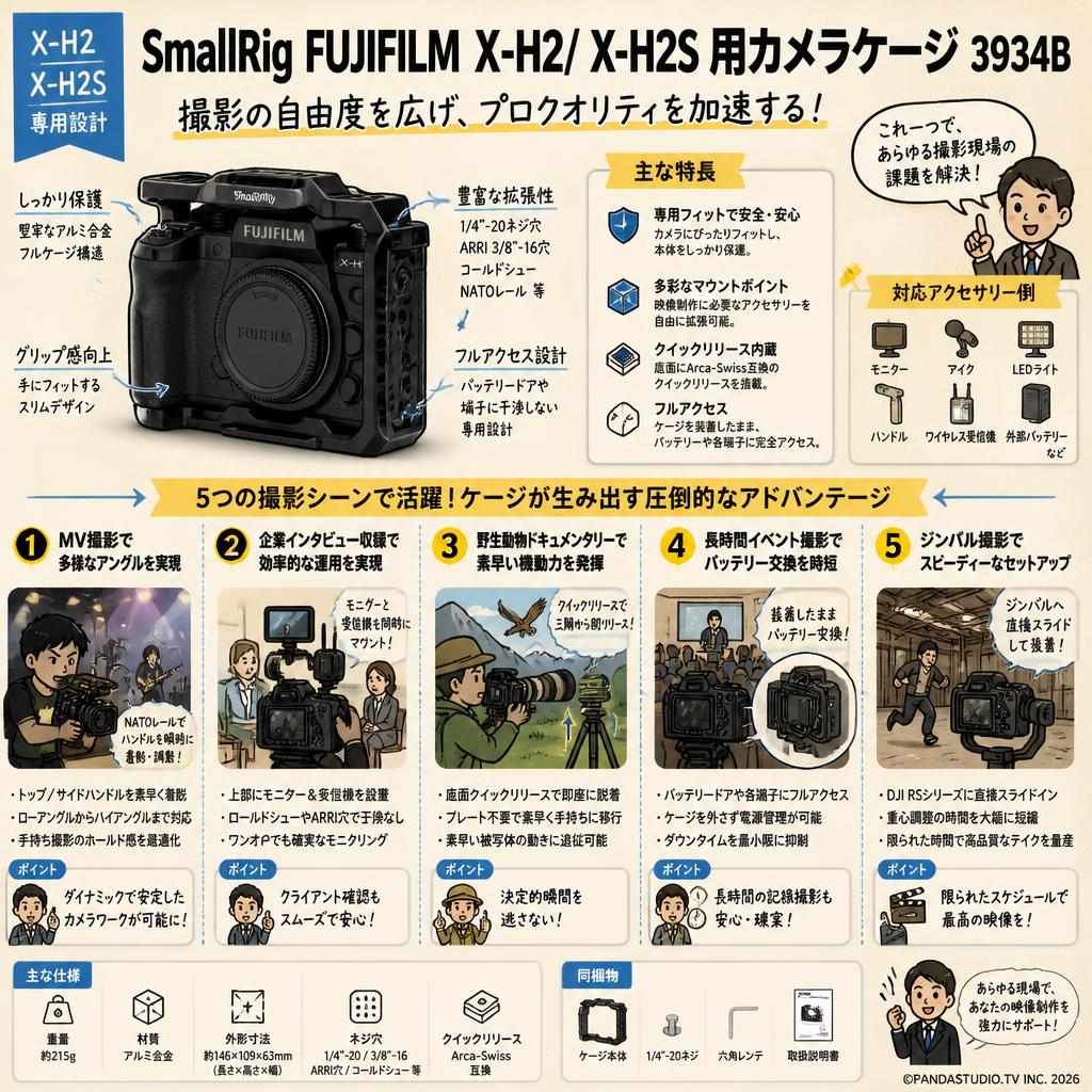 SmallRig FUJIFILM X-H2/ X-H2S 用カメラケージ 3934B 用途
