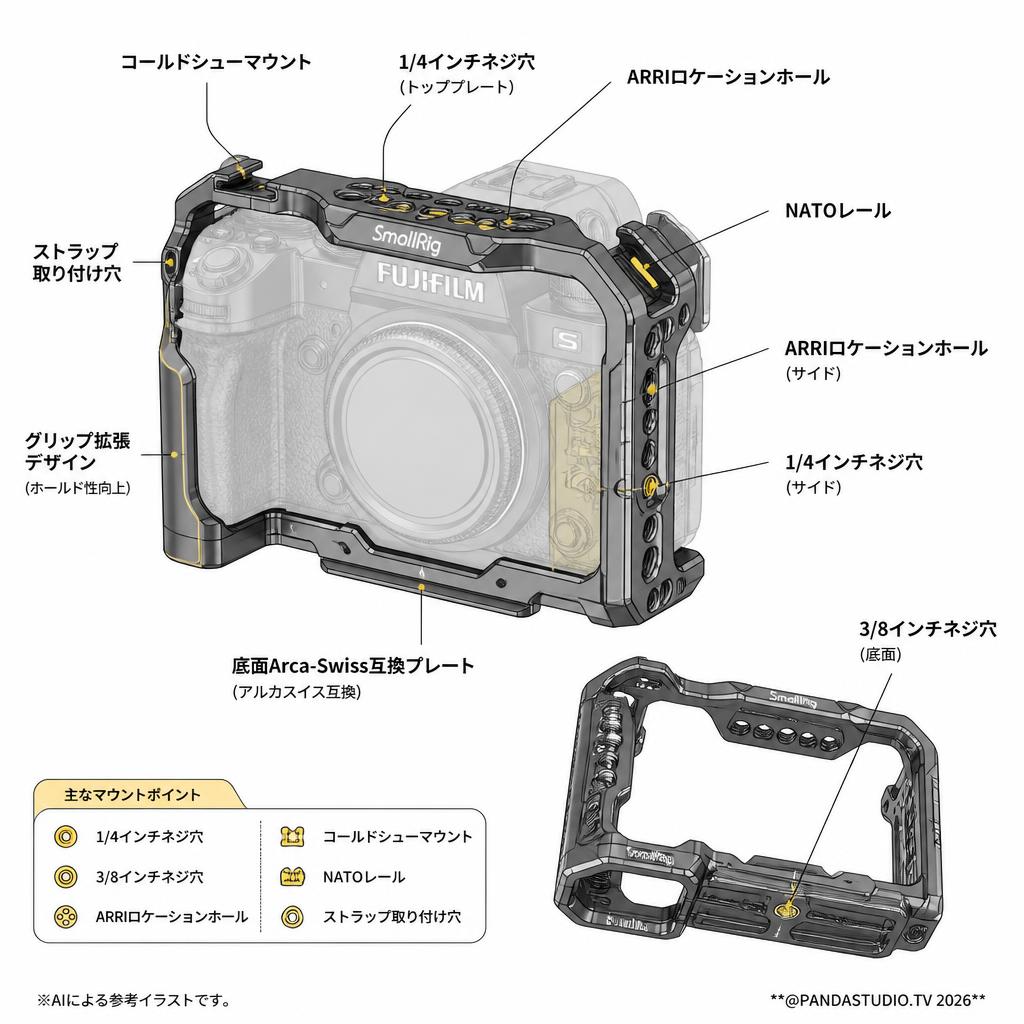 SmallRig FUJIFILM X-H2/ X-H2S 用カメラケージ 3934B スペック