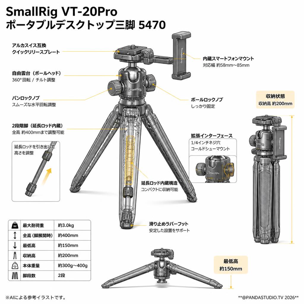 SmallRig VT-20Pro ポータブルデスクトップ三脚 5470 スペック