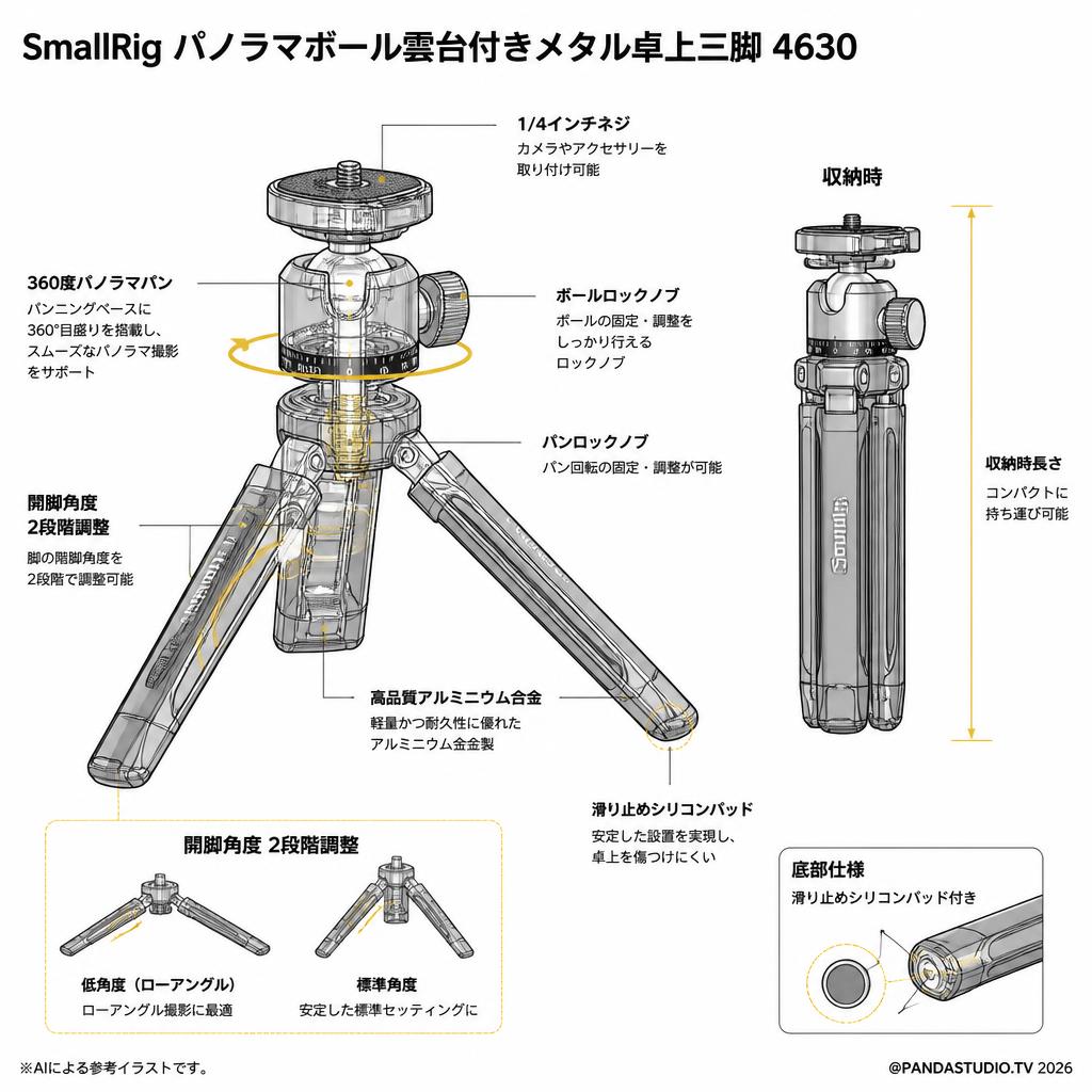 SmallRig パノラマボール雲台付きメタル卓上三脚 4630 スペック