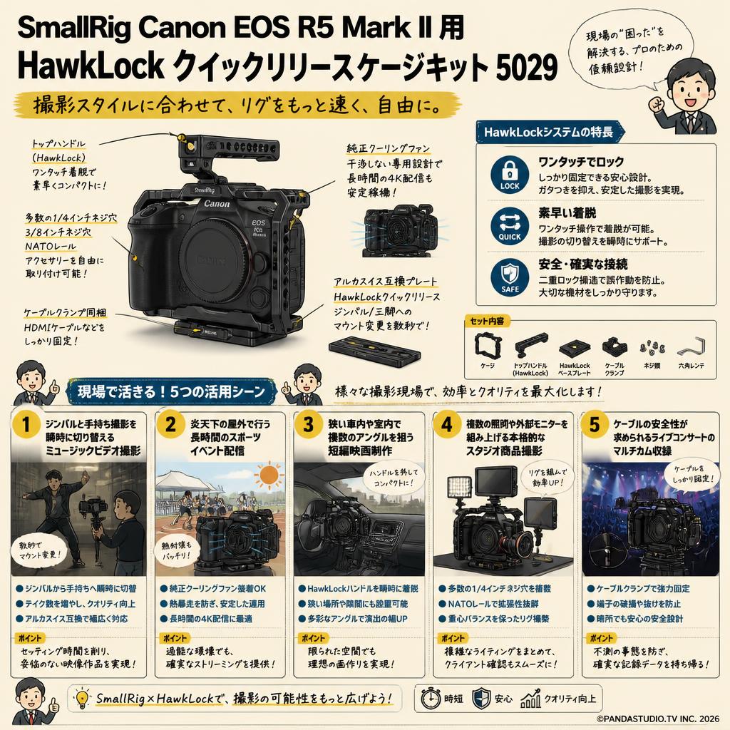 SmallRig Canon EOS R5 Mark II 用 HawkLock クイックリリースケージキット 5029 用途