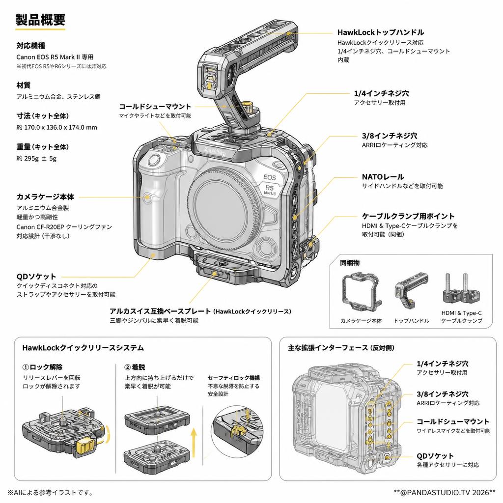 SmallRig Canon EOS R5 Mark II 用 HawkLock クイックリリースケージキット 5029 スペック
