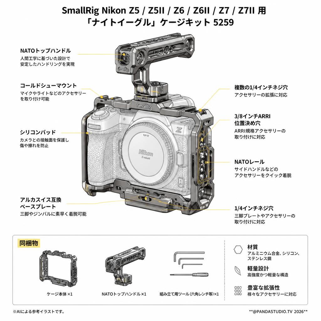 SmallRig Nikon Z5 / Z5II / Z6 / Z6II / Z7 / Z7II 用「ナイトイーグル」ケージキット 5259 スペック