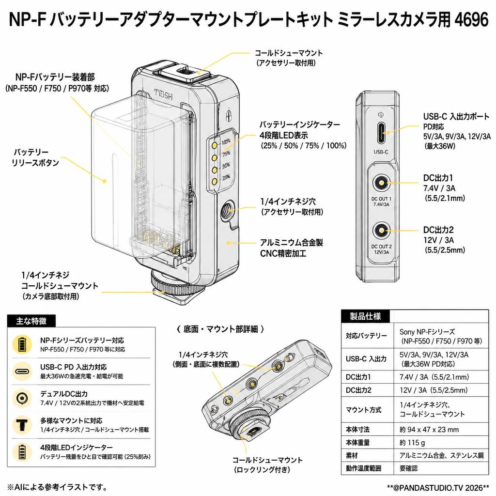 NP-F バッテリーアダプターマウントプレートキットミラーレスカメラ用 4696 スペック