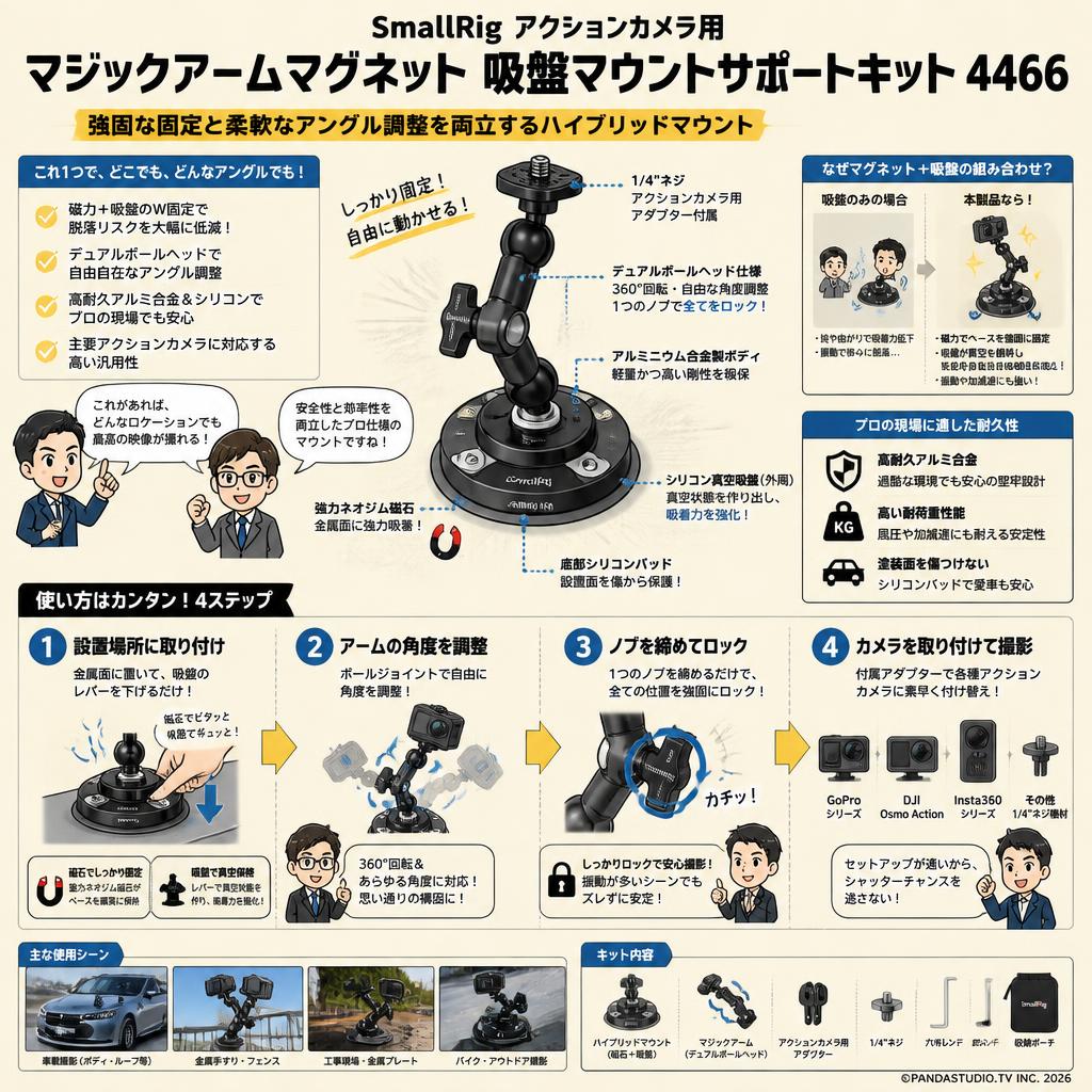 SmallRig アクションカメラ用 マジックアームマグネット 吸盤マウントサポートキット 4466 概要