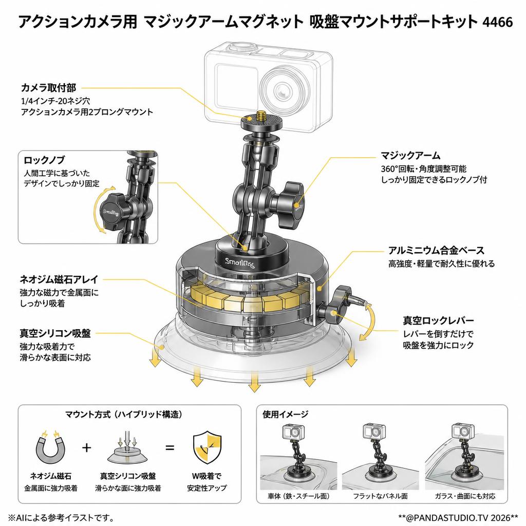 SmallRig アクションカメラ用 マジックアームマグネット 吸盤マウントサポートキット 4466 スペック
