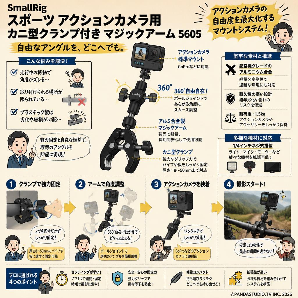 SmallRig スポーツ アクションカメラ用 カニ型クランプ付き マジックアーム 5605 概要