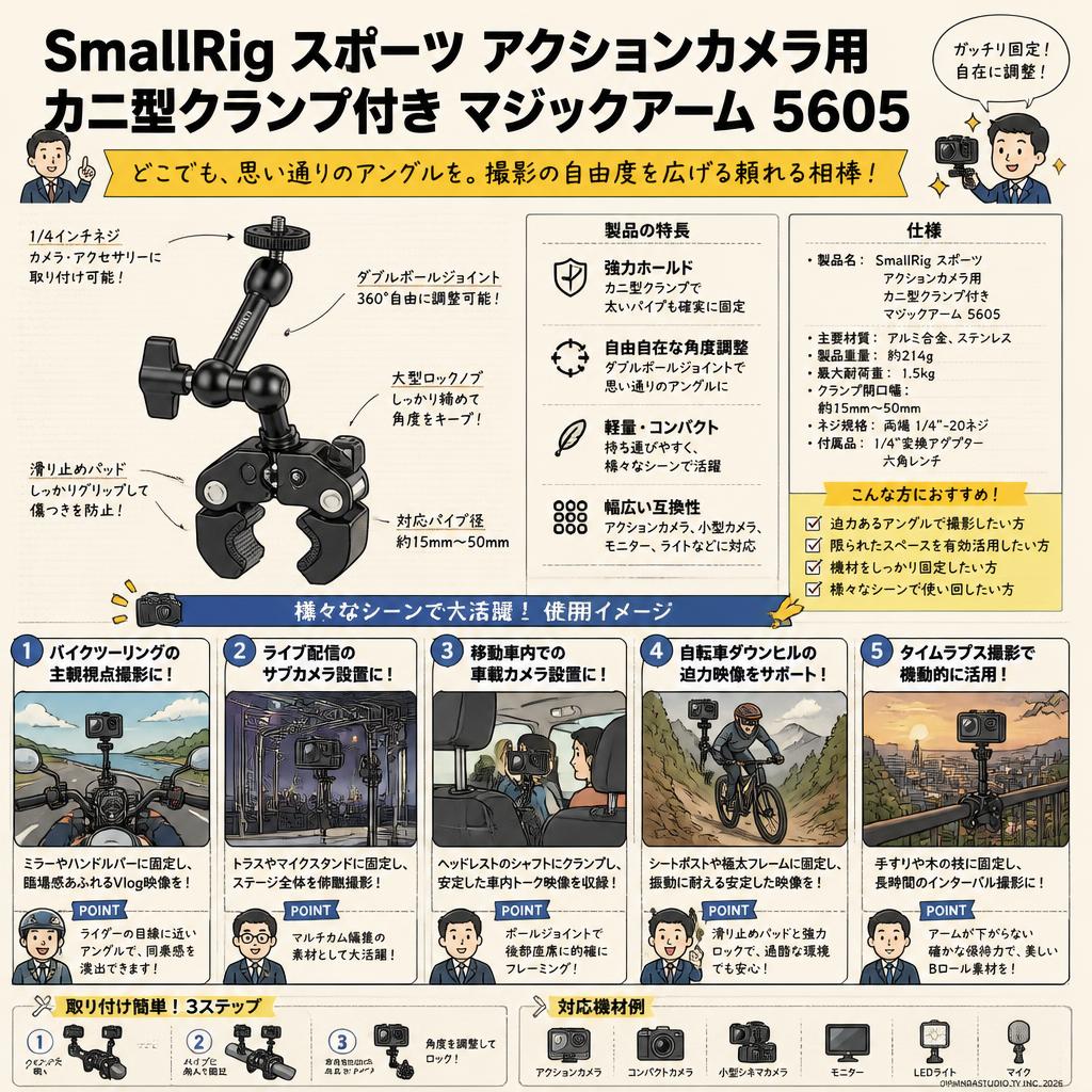 SmallRig スポーツ アクションカメラ用 カニ型クランプ付き マジックアーム 5605 用途