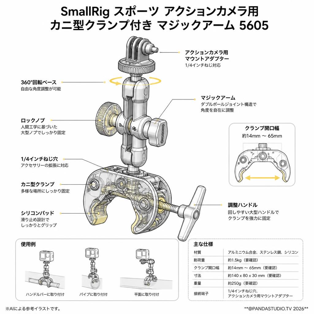 SmallRig スポーツ アクションカメラ用 カニ型クランプ付き マジックアーム 5605 スペック