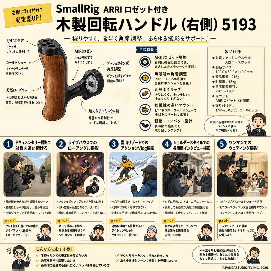 SmallRig ARRI ロゼット付き 木製回転ハンドル（右側）5193 用途