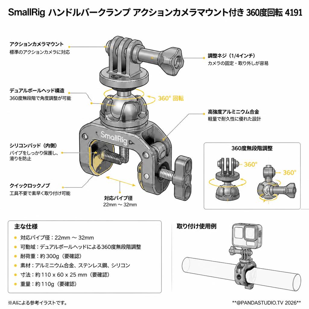 SmallRig ハンドルバークランプ アクションカメラマウント付き 360度回転 4191 スペック