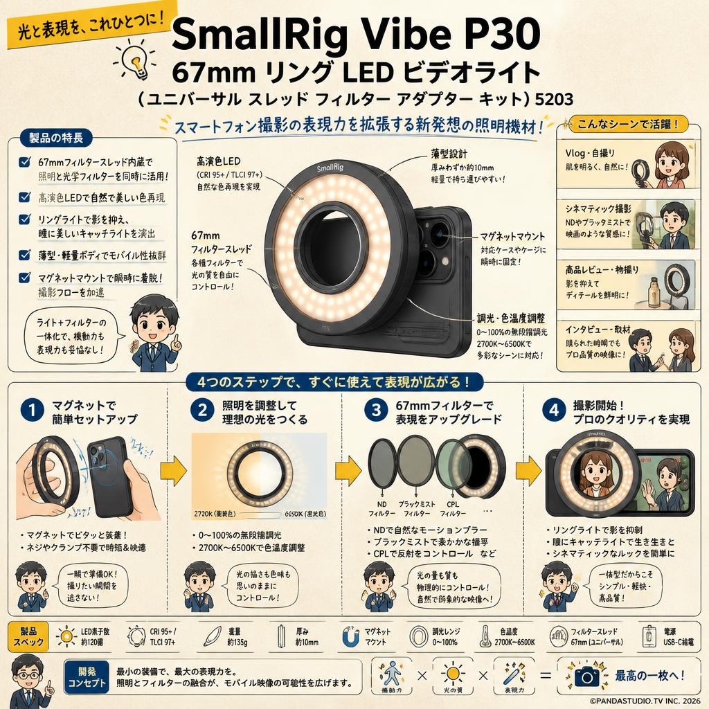 SmallRig Vibe P30 67mm リング LED ビデオライト（ユニバーサル スレッド フィルター アダプター キット）5203 概要