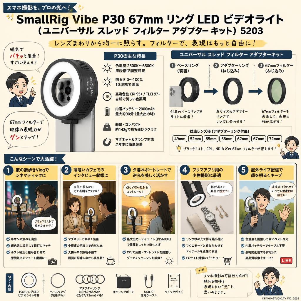 SmallRig Vibe P30 67mm リング LED ビデオライト（ユニバーサル スレッド フィルター アダプター キット）5203 用途