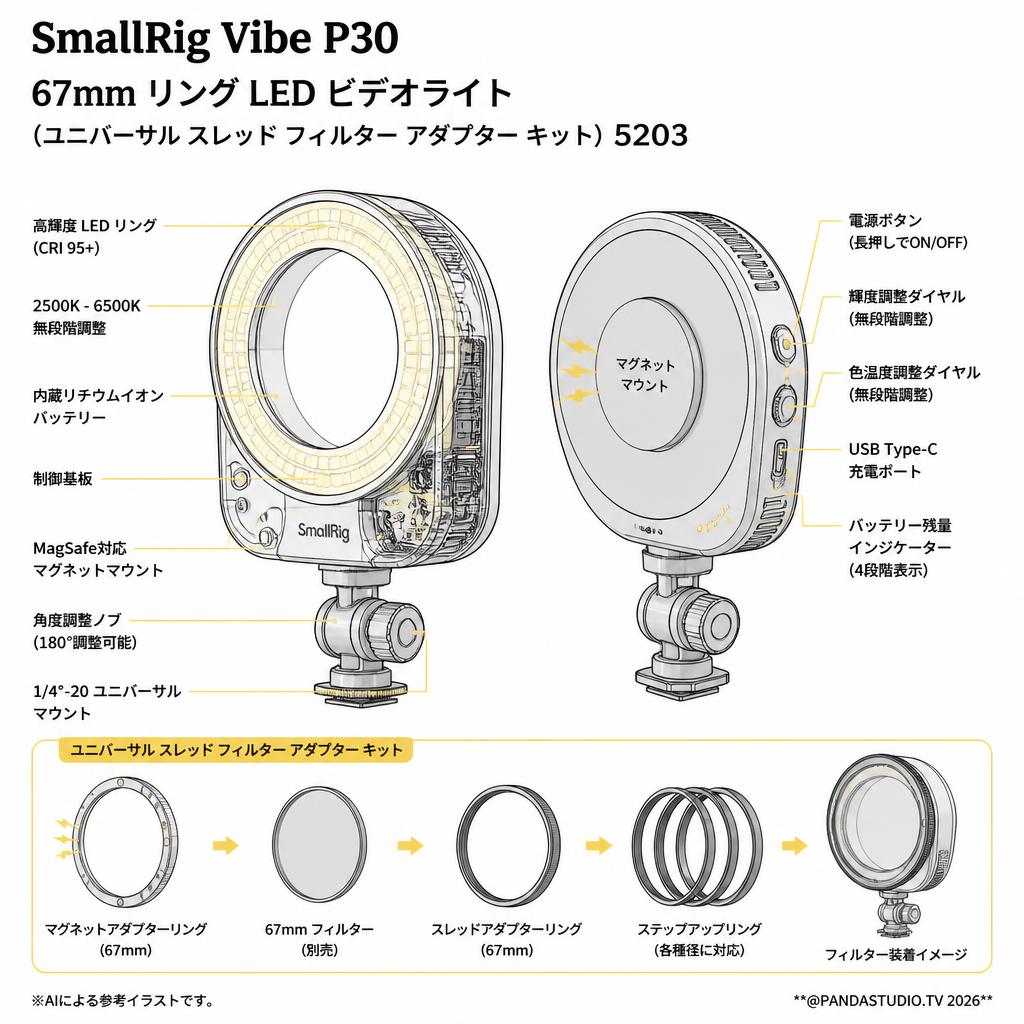 SmallRig Vibe P30 67mm リング LED ビデオライト（ユニバーサル スレッド フィルター アダプター キット）5203 スペック