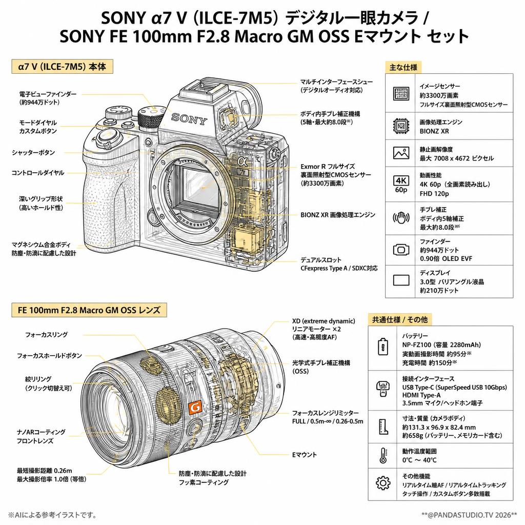 SONY α7 V ILCE-7M5デジタル一眼カメラ / SONY FE 100mm F2.8 Macro GM OSS  Eマウント セット スペック