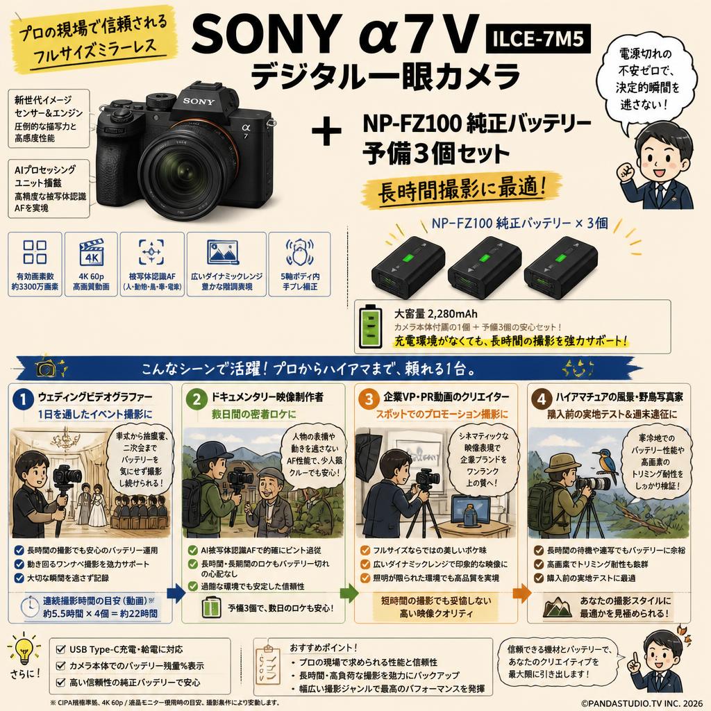 SONY α7 V ILCE-7M5デジタル一眼カメラ / NP-FZ100 純正バッテリー予備3個セット 長時間撮影に最適 おもな対象のお客様