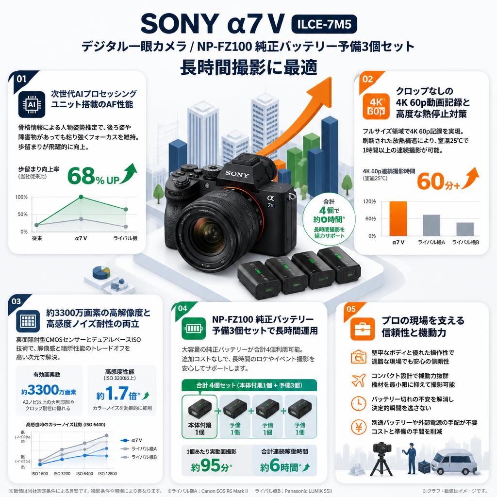 SONY α7 V ILCE-7M5デジタル一眼カメラ / NP-FZ100 純正バッテリー予備3個セット 長時間撮影に最適 セールスポイント