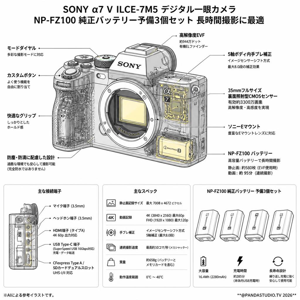SONY α7 V ILCE-7M5デジタル一眼カメラ / NP-FZ100 純正バッテリー予備3個セット 長時間撮影に最適 スペック