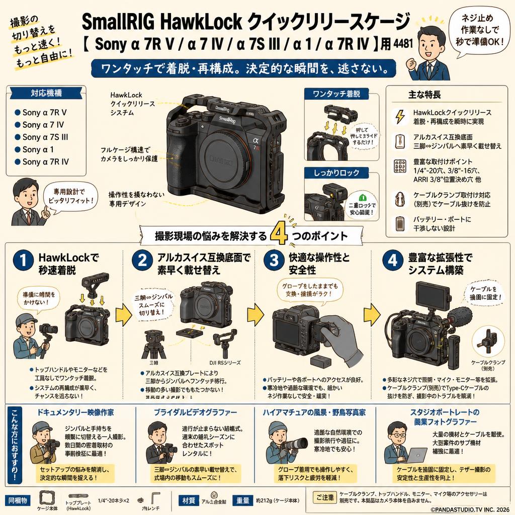 SmallRIg HawkLock クイックリリースケージ【 Sony α 7R V/α 7 IV/α 7S III/α 1/α 7R IV 】用 4481 おもな対象のお客様