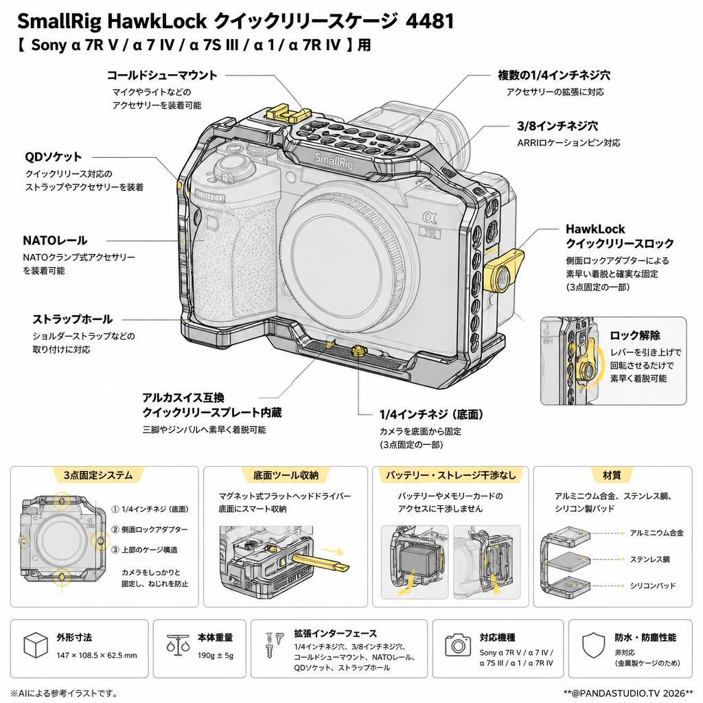 SmallRIg HawkLock クイックリリースケージ【 Sony α 7R V/α 7 IV/α 7S III/α 1/α 7R IV 】用 4481 スペック