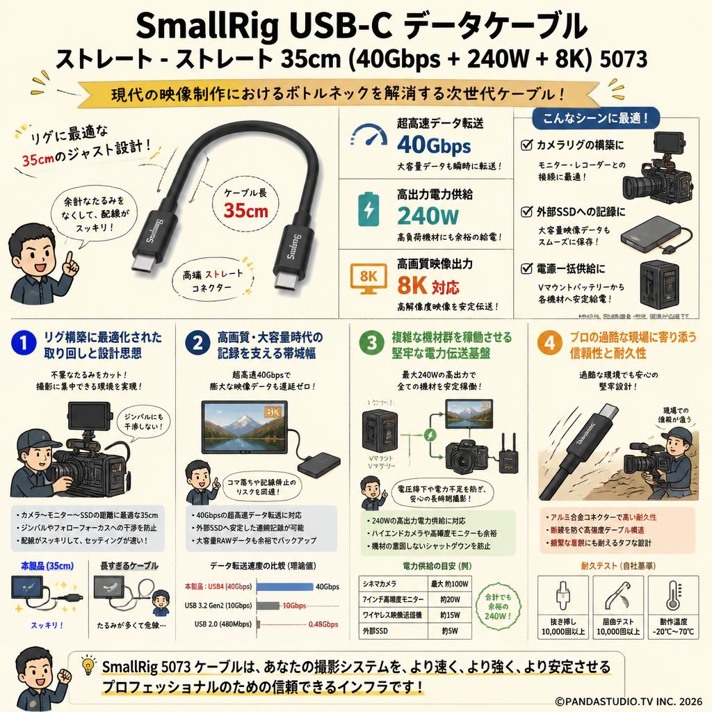 SmallRig USB-C データケーブル ストレート - ストレート 35cm (40Gbps + 240W + 8K) 5073 概要