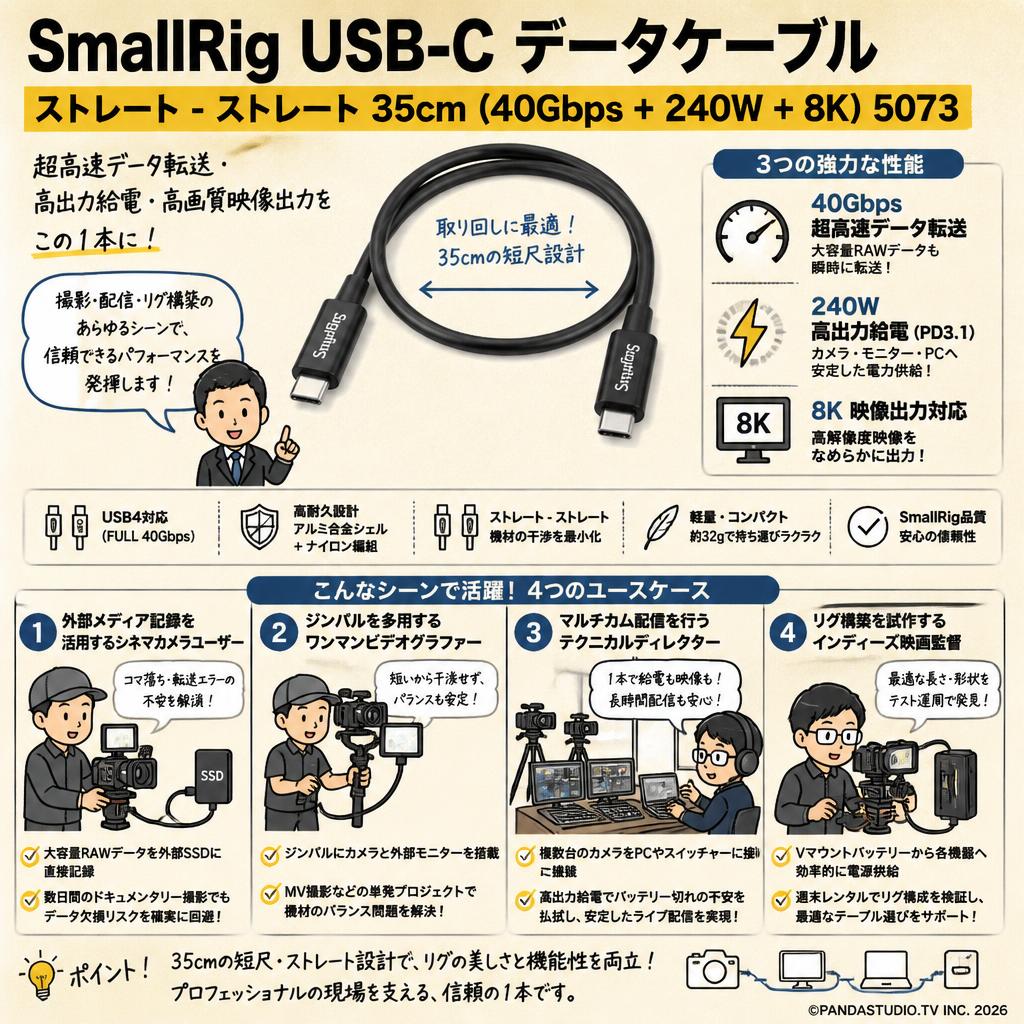 SmallRig USB-C データケーブル ストレート - ストレート 35cm (40Gbps + 240W + 8K) 5073 おもな対象のお客様