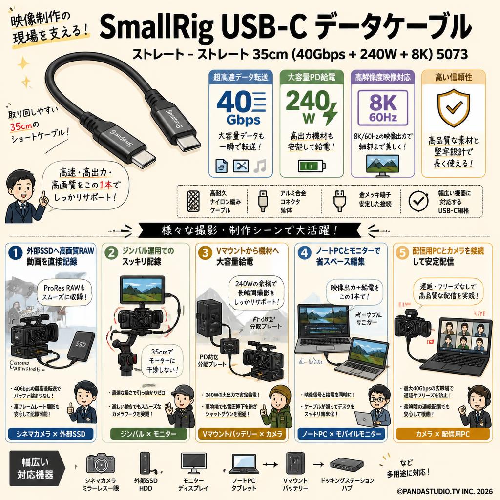 SmallRig USB-C データケーブル ストレート - ストレート 35cm (40Gbps + 240W + 8K) 5073 用途