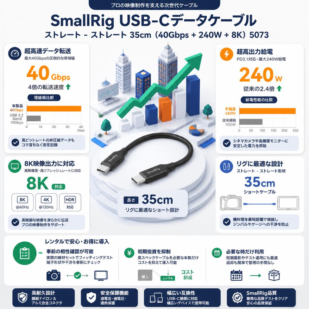 SmallRig USB-C データケーブル ストレート - ストレート 35cm (40Gbps + 240W + 8K) 5073 セールスポイント