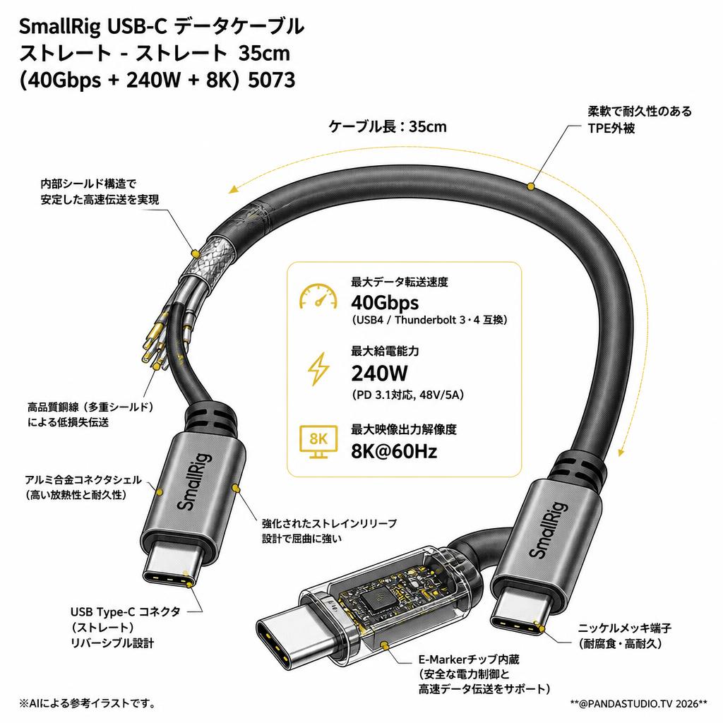SmallRig USB-C データケーブル ストレート - ストレート 35cm (40Gbps + 240W + 8K) 5073 スペック