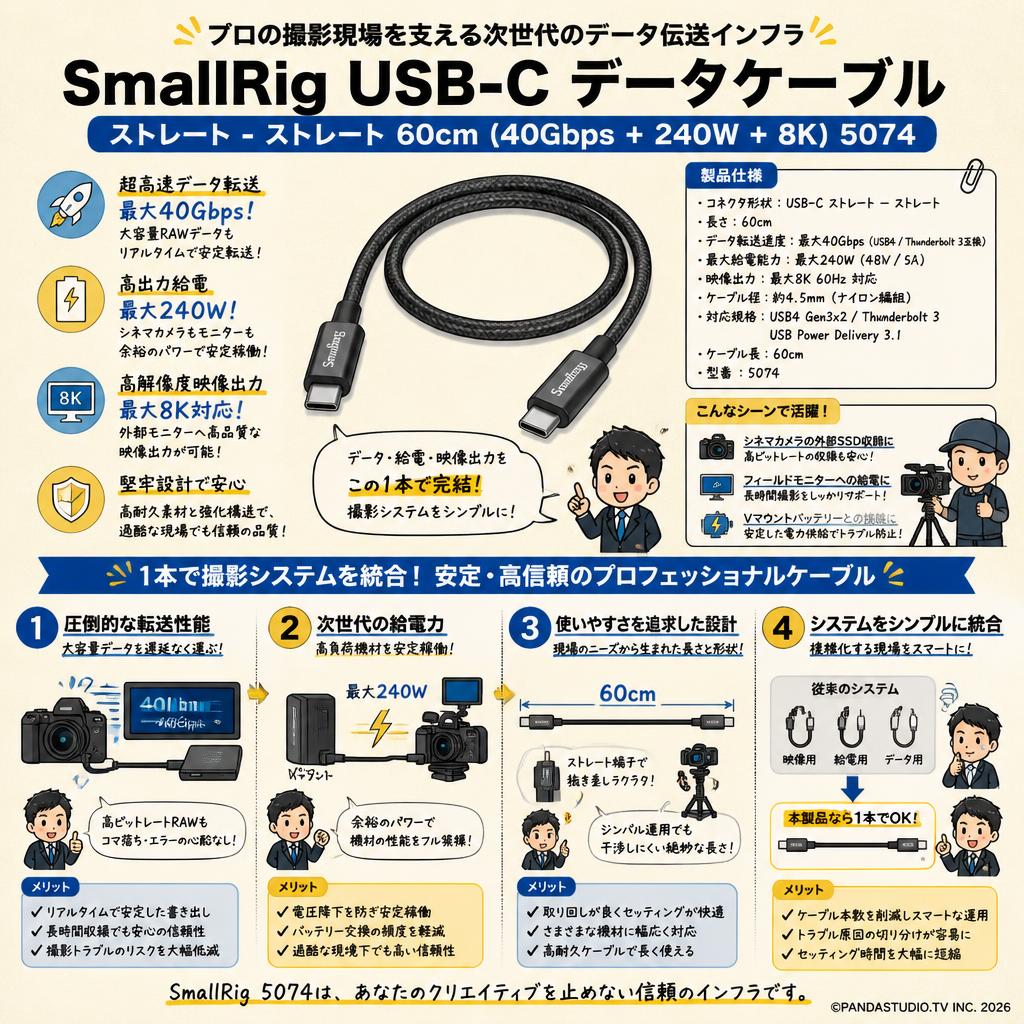 SmallRig USB-C データケーブル ストレート - ストレート 60cm (40Gbps + 240W + 8K) 5074 概要