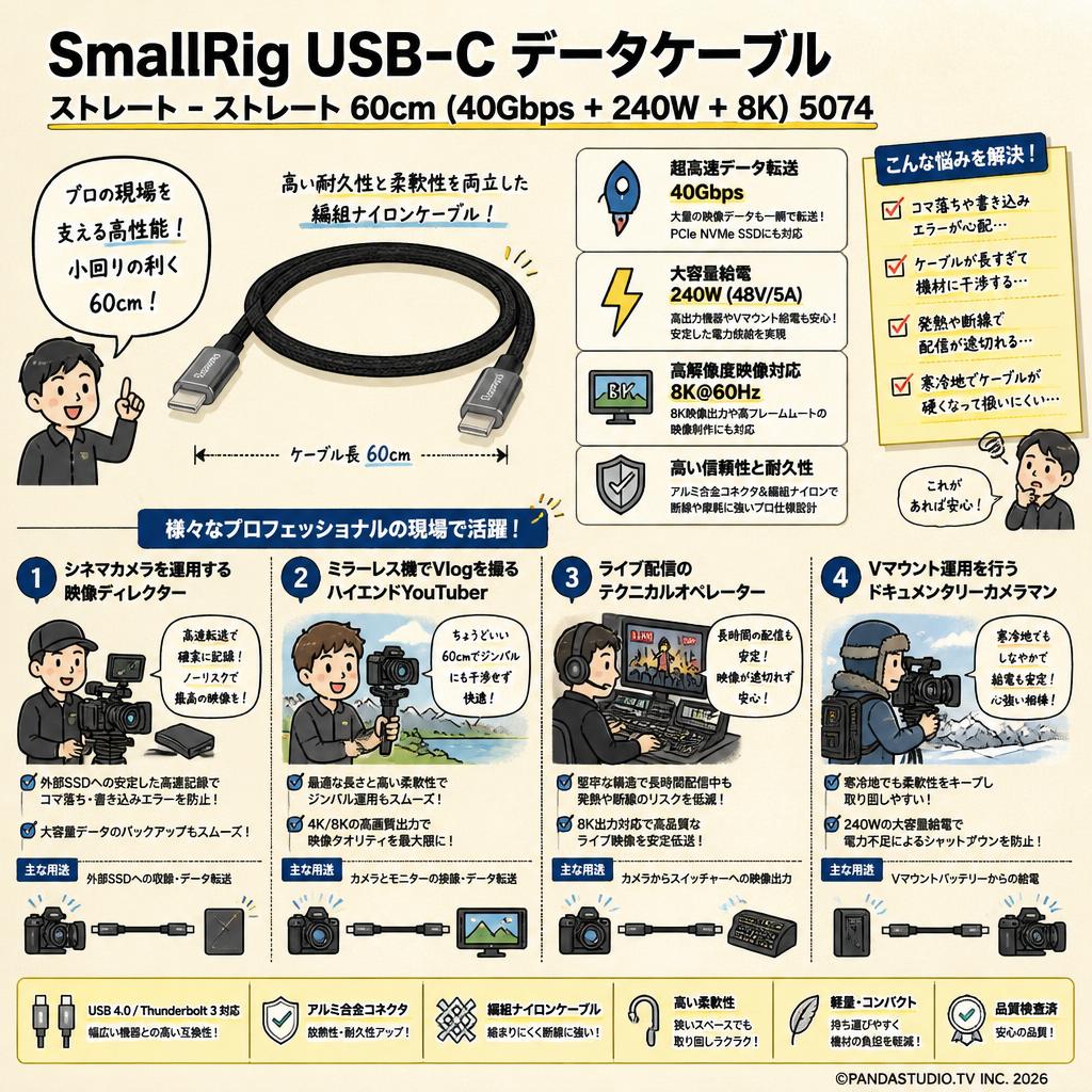 SmallRig USB-C データケーブル ストレート - ストレート 60cm (40Gbps + 240W + 8K) 5074 おもな対象のお客様