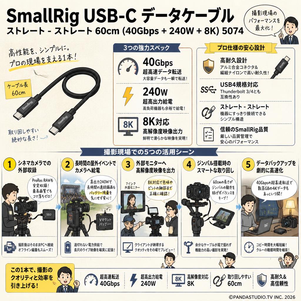 SmallRig USB-C データケーブル ストレート - ストレート 60cm (40Gbps + 240W + 8K) 5074 用途