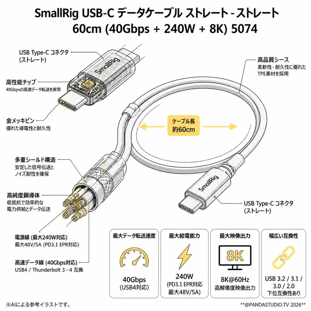 SmallRig USB-C データケーブル ストレート - ストレート 60cm (40Gbps + 240W + 8K) 5074 スペック