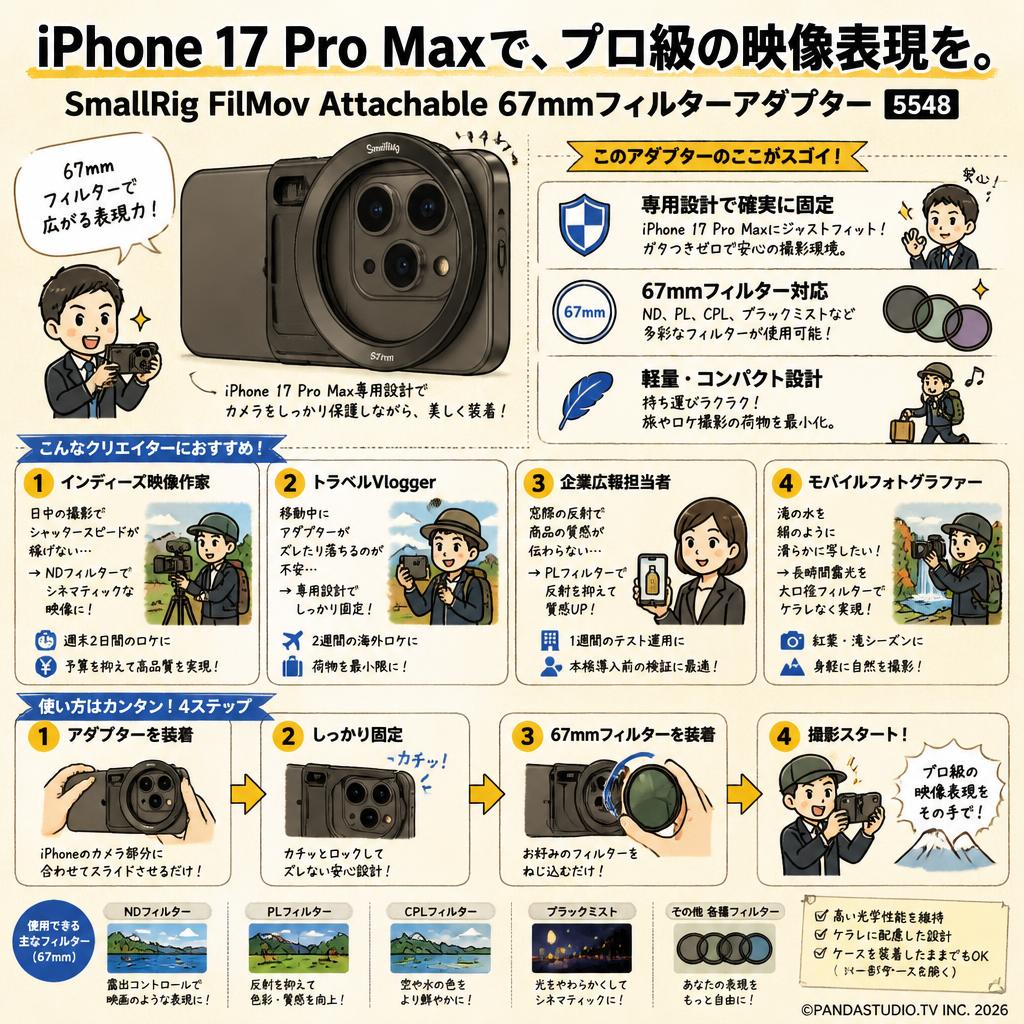 SmallRig FilMov Attachable 67mmフィルターアダプターiPhone 17 Pro Max 用 5548 おもな対象のお客様