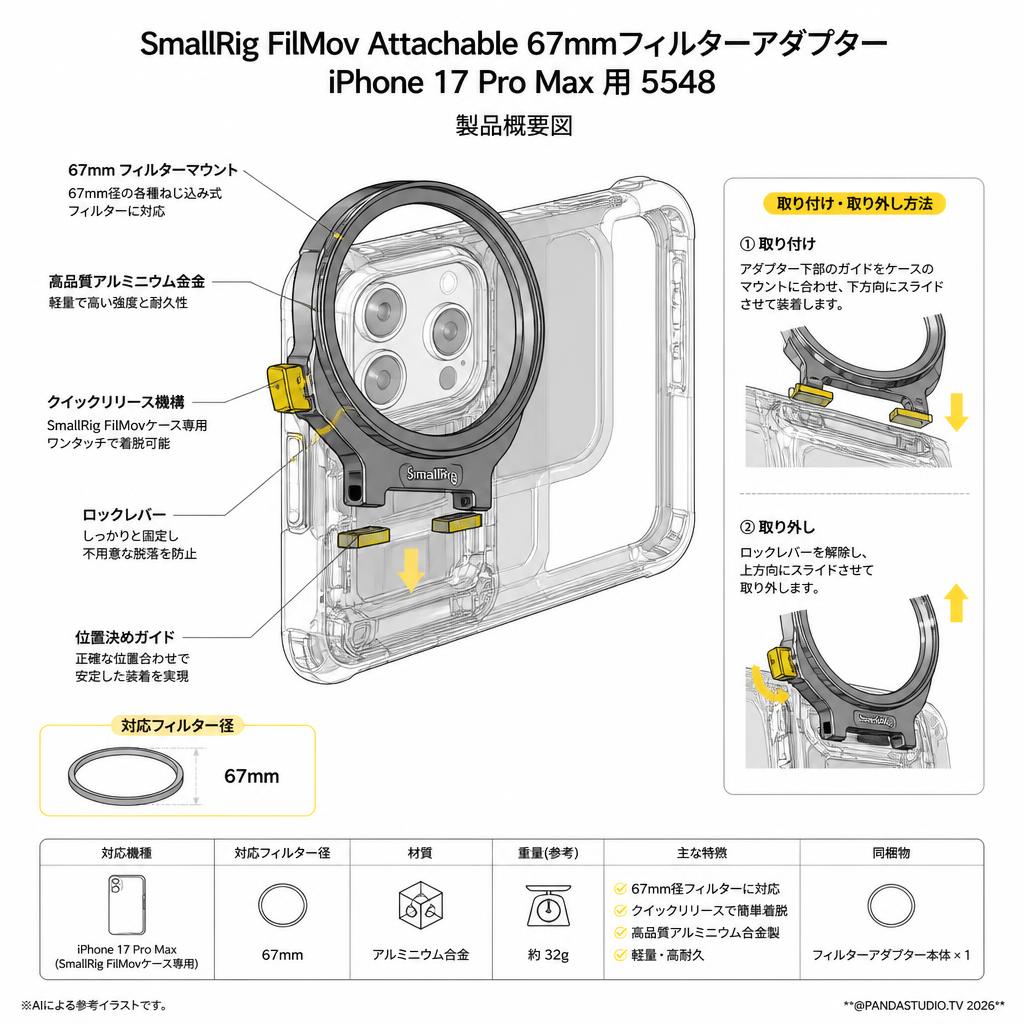 SmallRig FilMov Attachable 67mmフィルターアダプターiPhone 17 Pro Max 用 5548 スペック