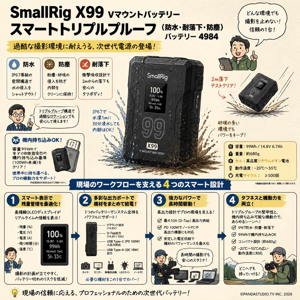 SmallRig X99 Vマウントバッテリースマートトリプルプルーフ（防水・耐落下・防塵）バッテリー 4984 概要