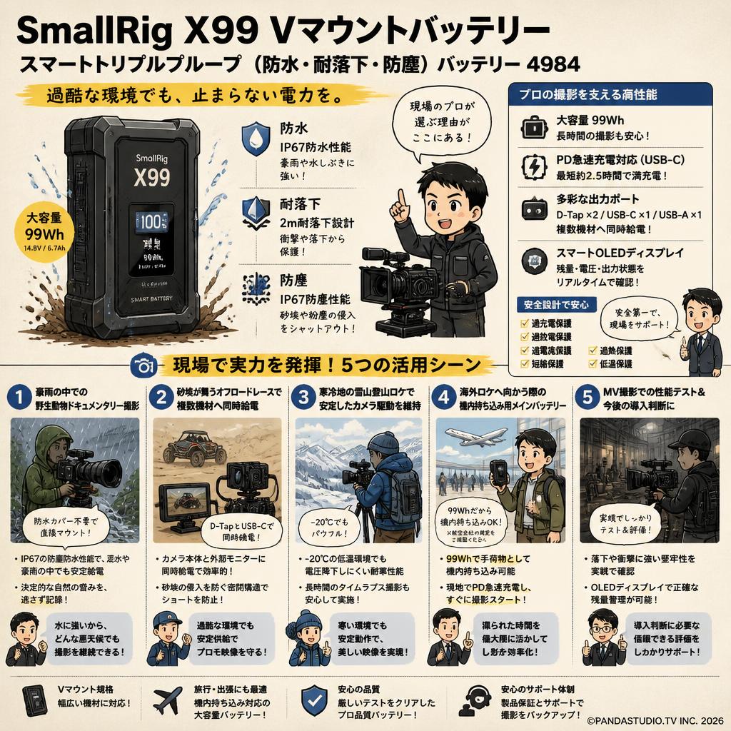 SmallRig X99 Vマウントバッテリースマートトリプルプルーフ（防水・耐落下・防塵）バッテリー 4984 用途