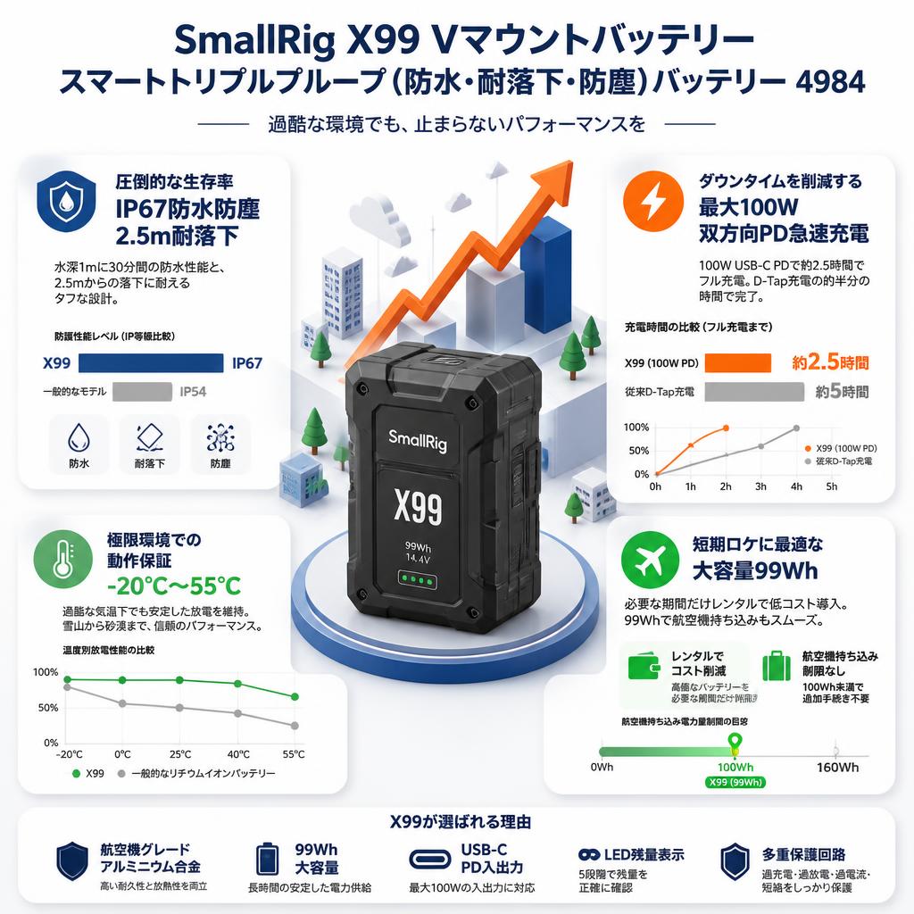 SmallRig X99 Vマウントバッテリースマートトリプルプルーフ（防水・耐落下・防塵）バッテリー 4984 セールスポイント