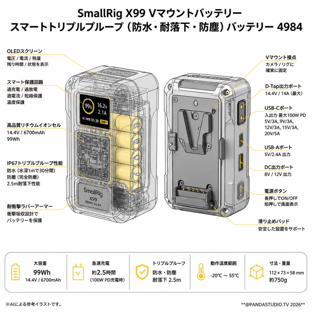 SmallRig X99 Vマウントバッテリースマートトリプルプルーフ（防水・耐落下・防塵）バッテリー 4984 スペック