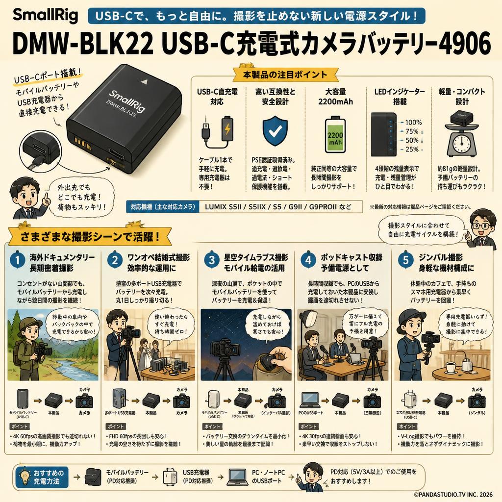 SmallRig DMW-BLK22 USB-C充電式カメラバッテリー4906 用途