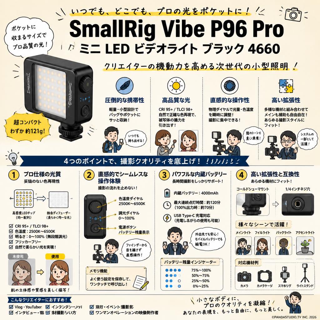 SmallRig Vibe P96 Pro ミニ LED ビデオライト ブラック 4660 概要