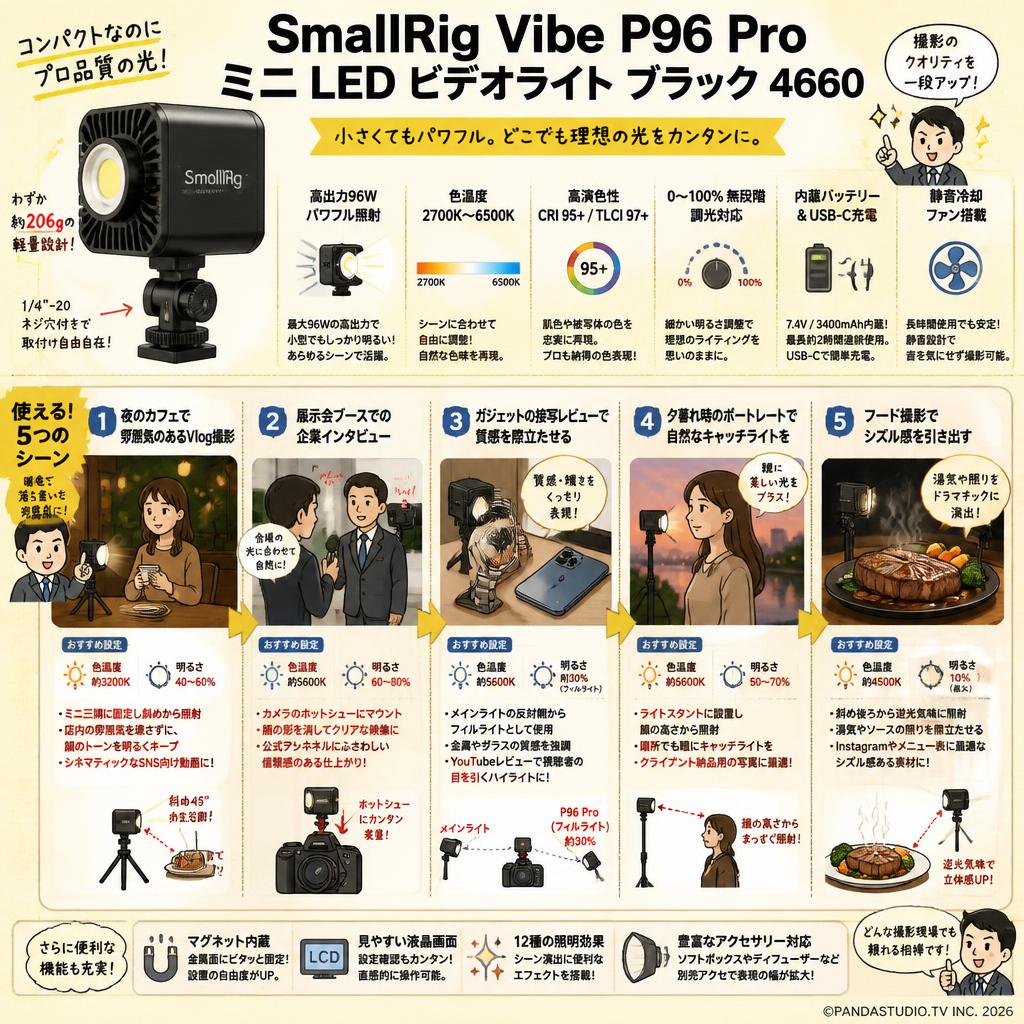 SmallRig Vibe P96 Pro ミニ LED ビデオライト ブラック 4660 用途