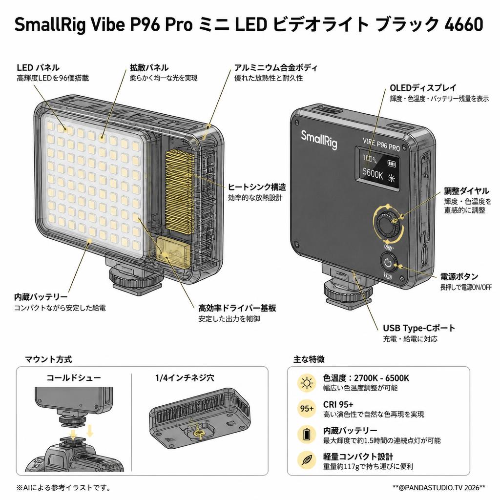 SmallRig Vibe P96 Pro ミニ LED ビデオライト ブラック 4660 スペック
