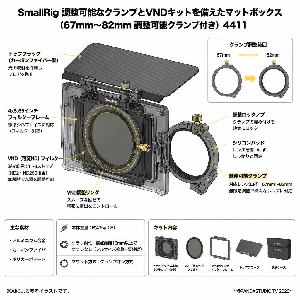 SmallRig 調整可能なクランプとVNDキットを備えたマットボックス （67mm～82mm 調整可能クランプ付き） 4411 スペック