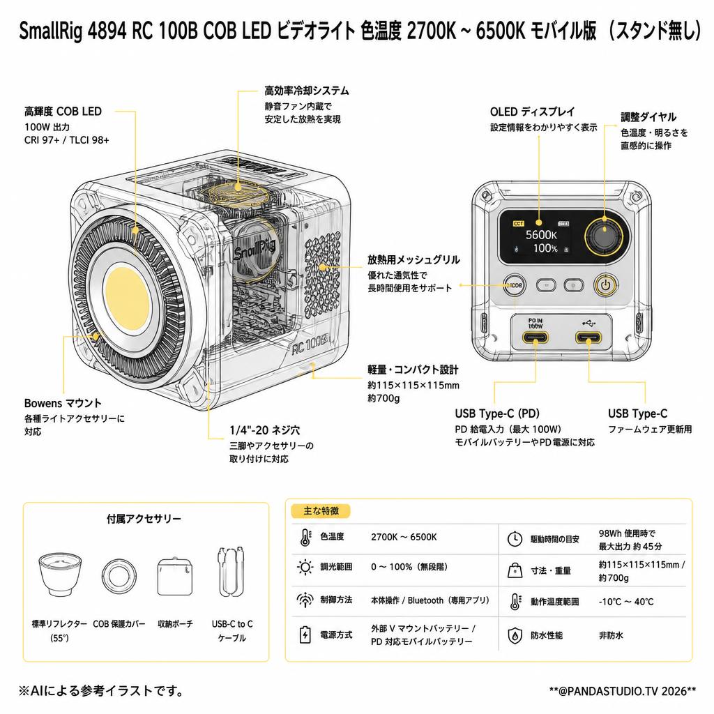 SmallRig 4894 RC 100B COB LED ビデオライト 色温度 2700K ～ 6500K モバイル版  （スタンド無し） スペック